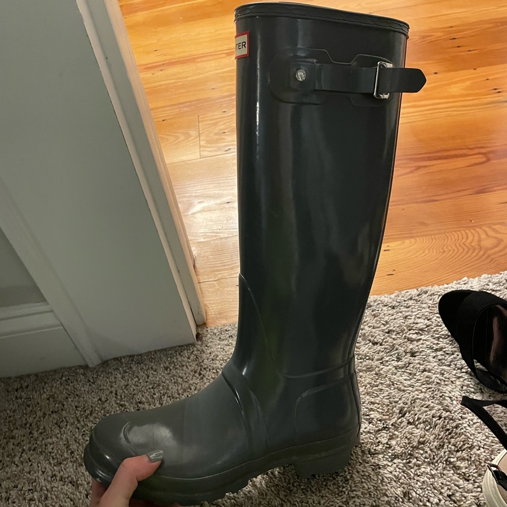 Glossy grey hunter boots tall
